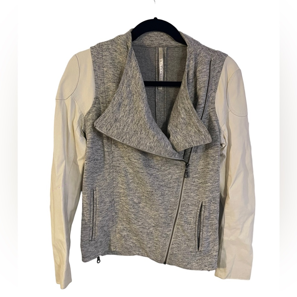 Truth And Pride Gray Knit Cream Leather Moto Jacket Women's Size XS